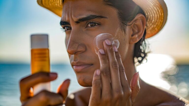 Illustration of a person applying sunscreen with wet hands to the face to improve UV protection