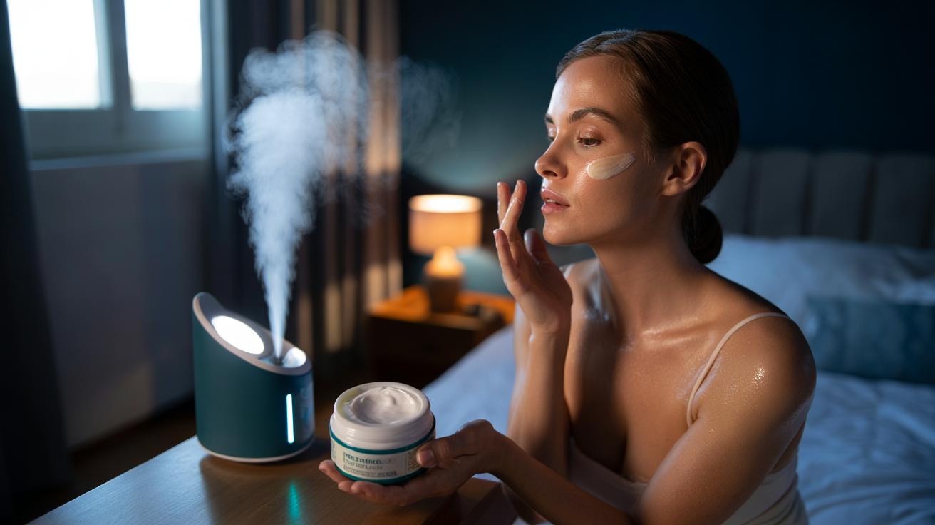 Illustration of a nighttime skincare routine with a bedside humidifier and ceramide cream to help reduce visible fine lines in 14 days