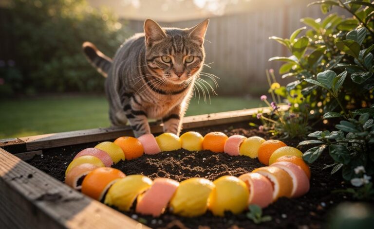 Illustration of citrus peels placed around garden beds to deter cats using natural citrus fragrance