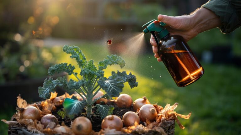 Illustration of onion skins prepared as spray and mulch to repel aphids and other garden pests