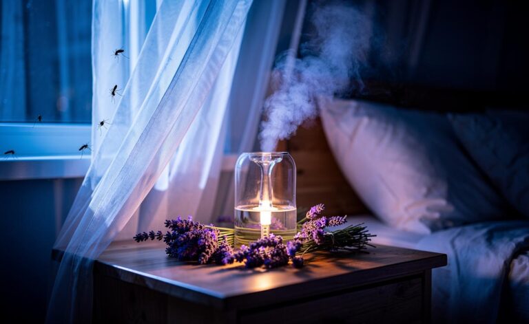 Illustration of lavender scent keeping mosquitoes away overnight