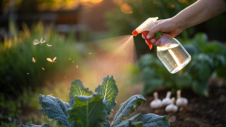 Illustration of garlic water being sprayed on garden plants to deter pests and create an instant barrier