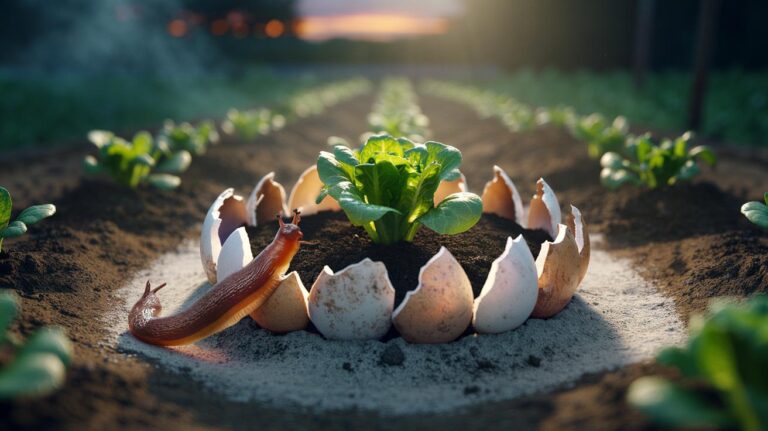 Illustration of crushed eggshells forming a sharp-edged barrier around young vegetable seedlings in a garden bed to deter slugs overnight