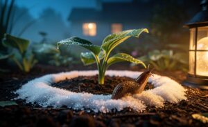 Illustration of a thin ring of baking soda encircling garden plants at night, deterring a slug from crossing