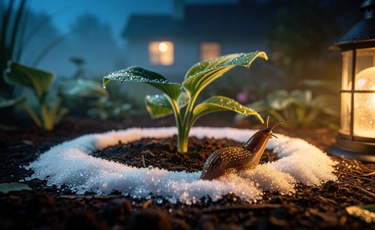 Illustration of a thin ring of baking soda encircling garden plants at night, deterring a slug from crossing