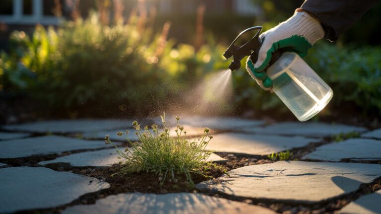 Illustration of vinegar being sprayed on patio weeds to attack growth at the root