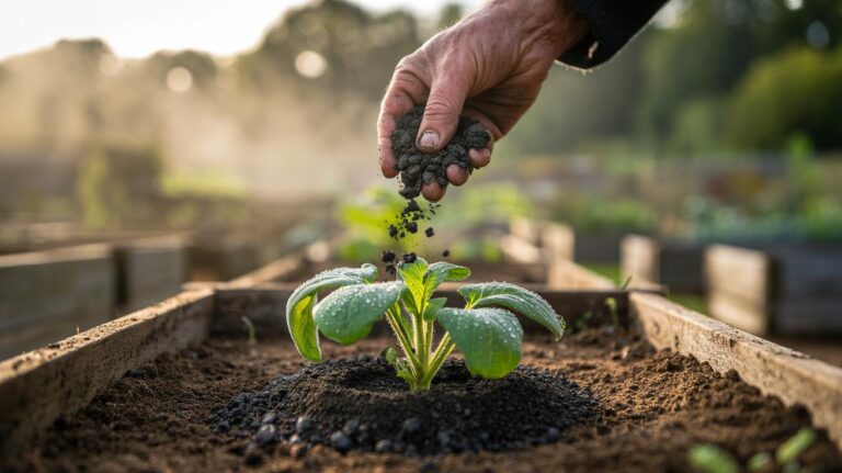 Illustration of biochar (charcoal) being incorporated into soil to adsorb contaminants and rapidly enhance plant health