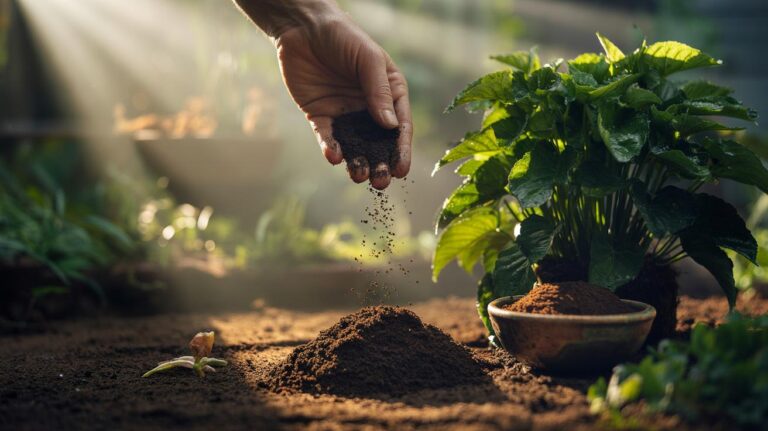 Illustration of coffee grounds being applied to garden soil around plants