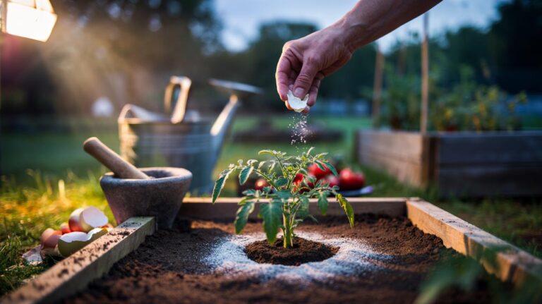 Illustration of crushed eggshell powder applied to garden soil at dusk to release calcium, raise pH, and detoxify soil overnight