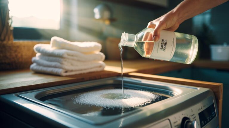 Illustration of adding white vinegar to the rinse cycle to break down detergent build-up and limescale on towels