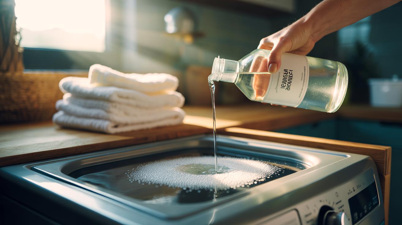 Illustration of adding white vinegar to the rinse cycle to break down detergent build-up and limescale on towels
