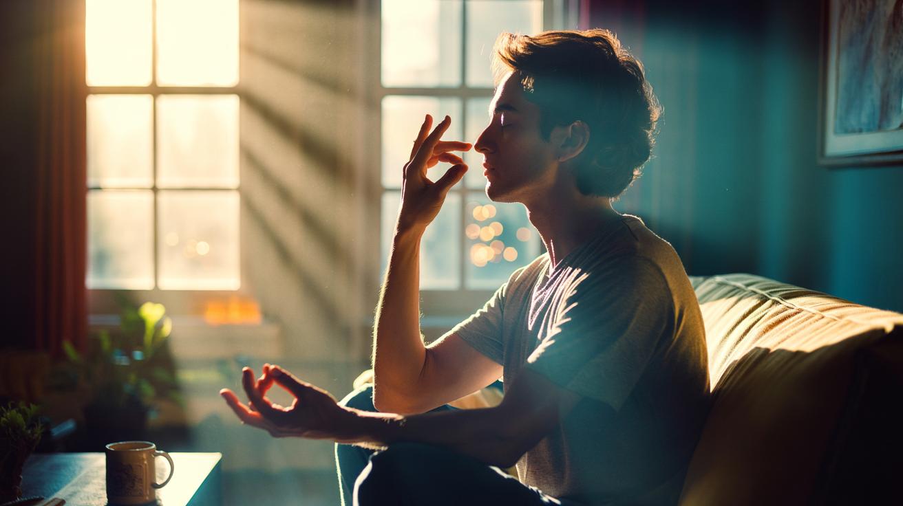 Illustration of a person practising alternate nostril breathing (Nadi Shodhana) to reduce anxiety