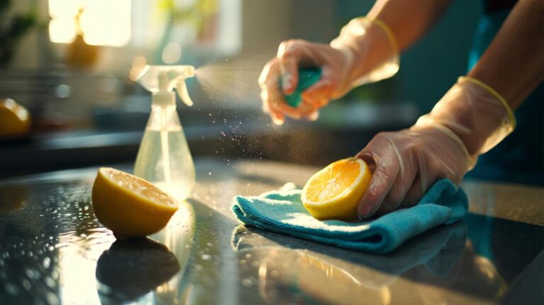 Illustration of disinfecting a kitchen worktop with fresh lemon juice and a microfibre cloth.