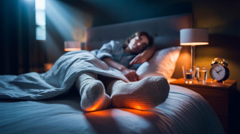Illustration of a person sleeping in bed with socks on, demonstrating improved circulation and falling asleep 15 minutes faster