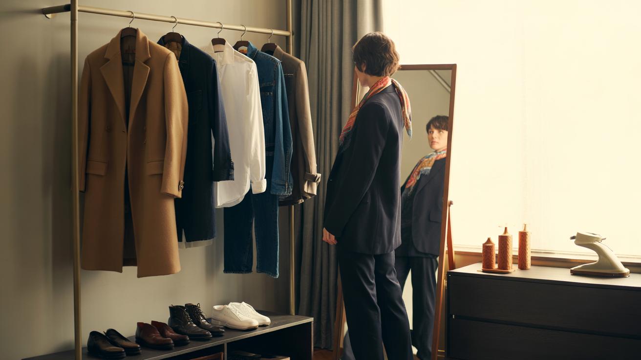 Illustration of a minimalist wardrobe with neutral-toned essentials, versatile layers, and streamlined silhouettes arranged in a capsule closet