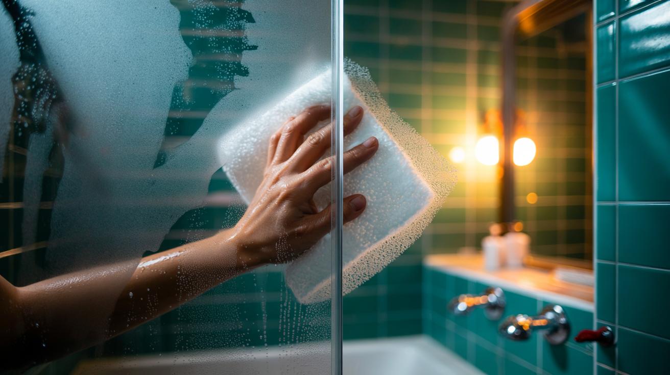 Illustration of a hand using a dryer sheet to clean soap scum from a glass shower door.
