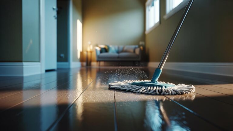 Illustration of a dryer sheet wrapped around a flat mop polishing a sealed vinyl floor, reducing static and lifting dust