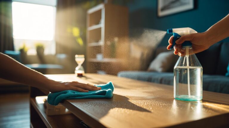 Illustration of the 3-minute dust-free home method using diluted white vinegar and a microfiber cloth to remove dust from household surfaces