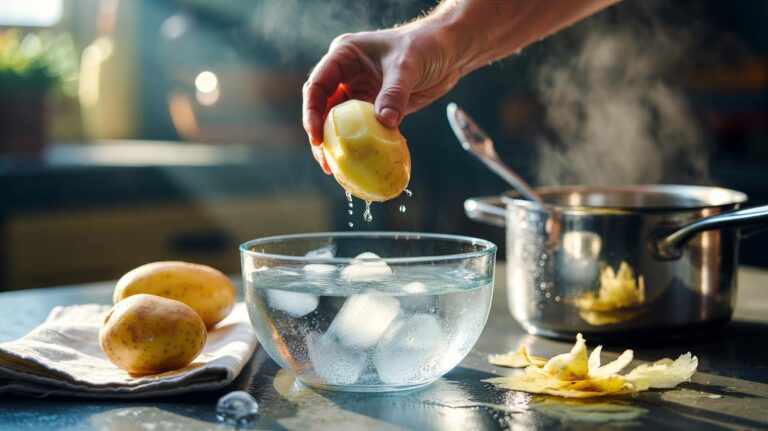 Illustration of the cold-water shock method for easily peeling boiled potatoes