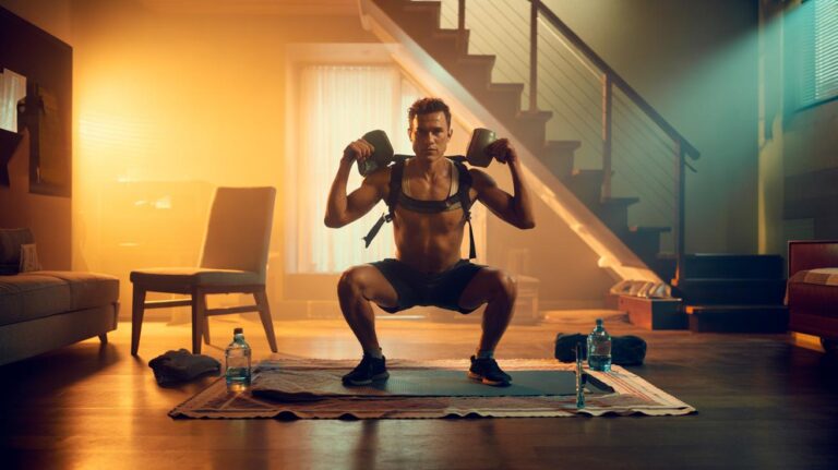 Illustration of an at-home exercise routine using household items such as a chair, a backpack, a towel, and stairs