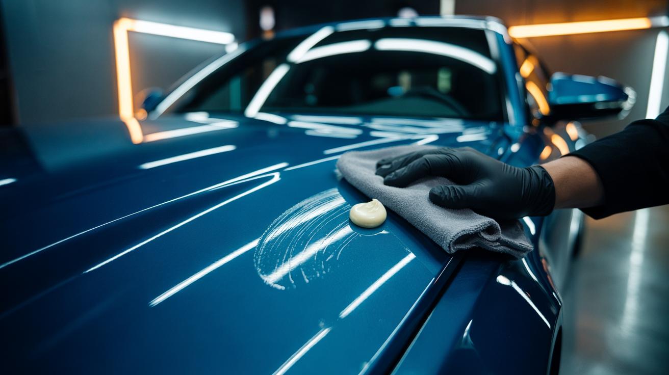 Illustration of a hand using non-gel white toothpaste and a microfiber cloth to polish a light scratch on a car’s clear coat