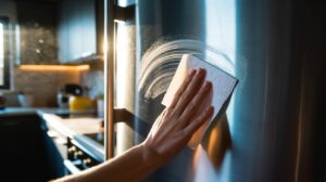 Illustration of a hand using a dryer sheet to erase smudges from a stainless steel fridge door