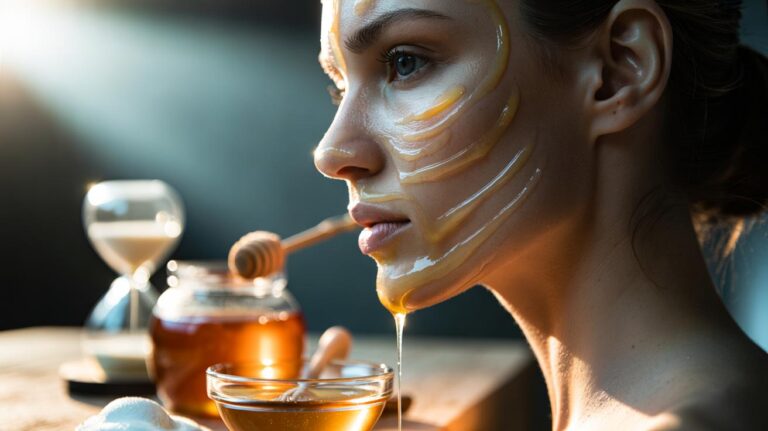 Illustration of a person applying an egg white and honey face mask along the jawline, showing a temporary tightening effect after 15 minutes