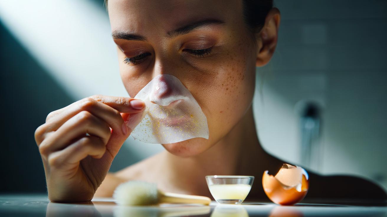 Illustration of an egg white and tissue nose mask being peeled off to lift blackheads