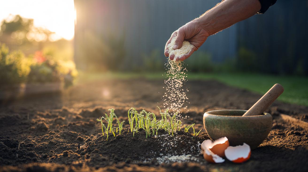 Illustration of crushed eggshells being applied to acidic garden soil at dusk to gently restore pH balance