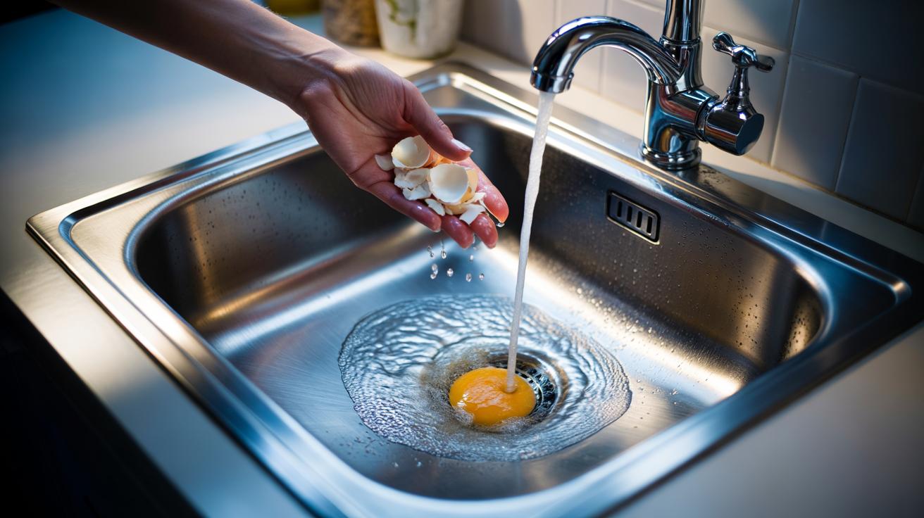 Illustration of crushed eggshell pieces being sprinkled into a kitchen sink drain to act as a natural abrasive for clearing soft build-up