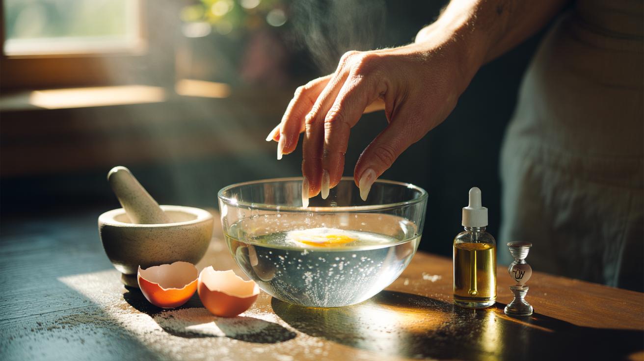 Illustration of a person soaking brittle fingernails in a warm bowl with crushed eggshell powder for a five-minute calcium-strengthening treatment