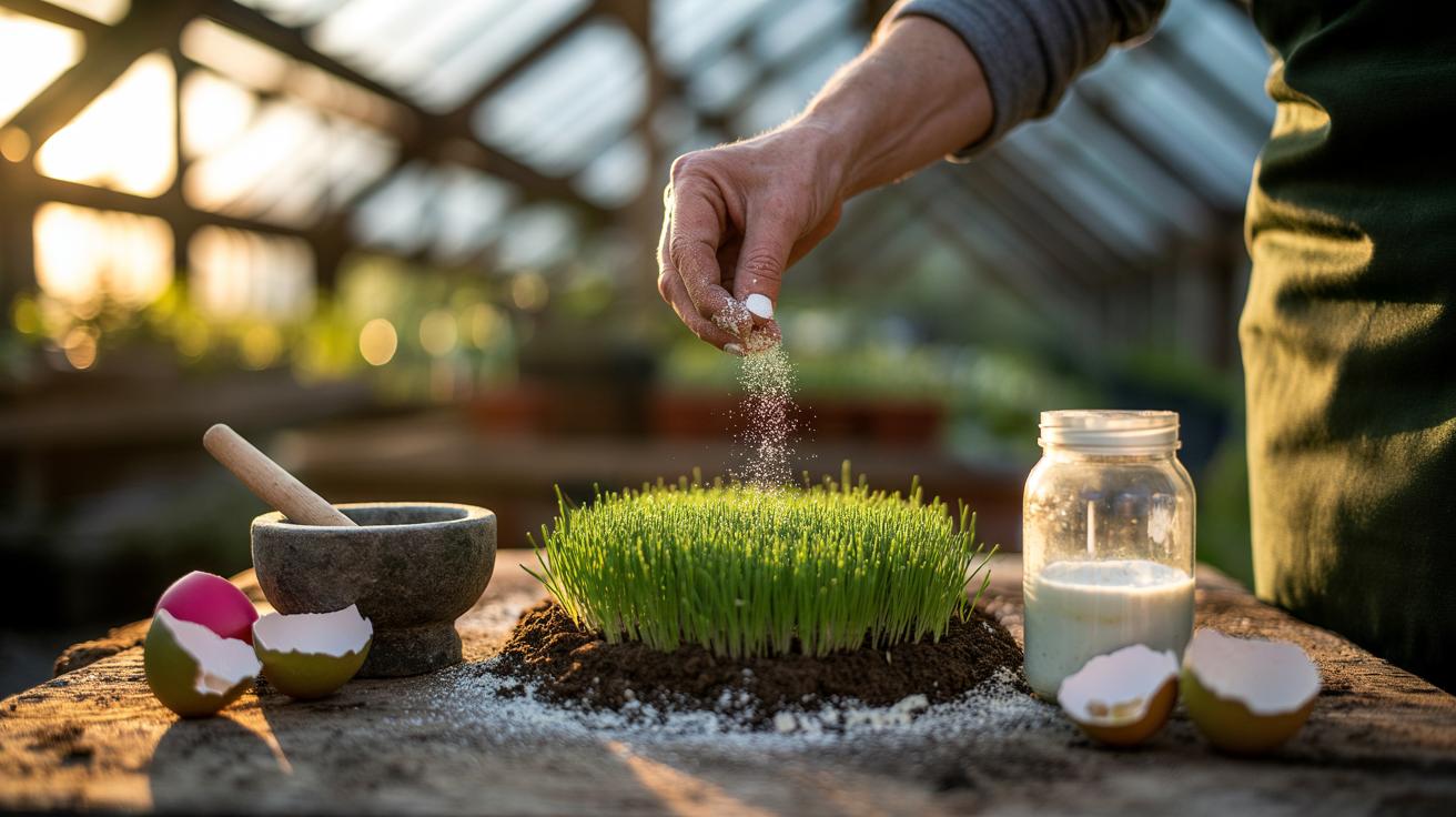 Illustration of powdered eggshells being applied to garden soil around seedlings to provide calcium and support overnight growth