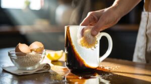 Illustration of crushed eggshells used to scrub stubborn coffee stains from a glazed ceramic mug, revealing a clean interior