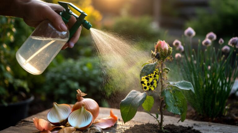 Illustration of an onion-based spray being applied to aphid-infested leaves to deter pests naturally