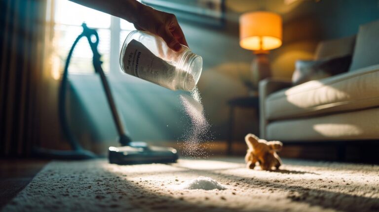 Illustration of sprinkling baking soda on a carpet overnight to neutralise odours before vacuuming in the morning