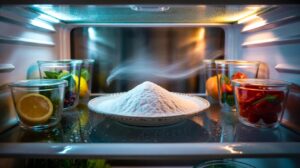Illustration of a shallow dish of baking soda placed on the middle shelf inside a refrigerator to eliminate odours in about two minutes