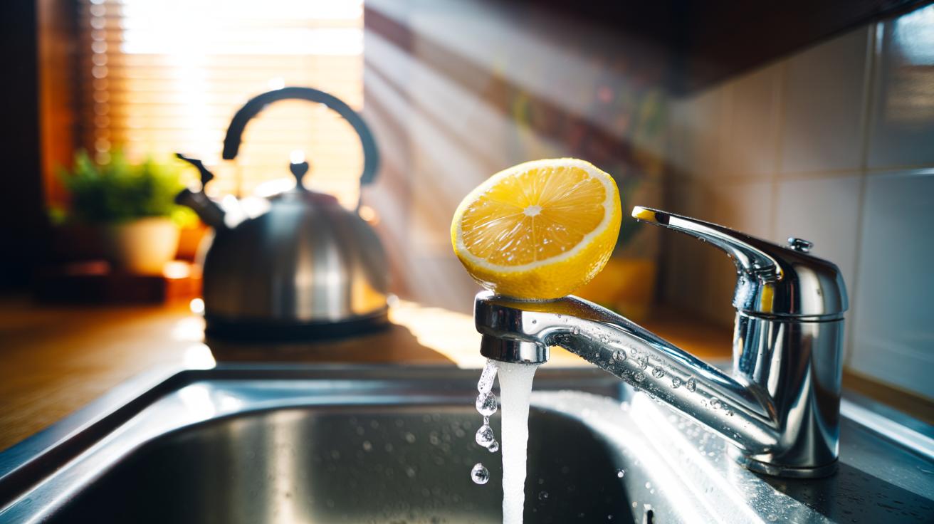 Illustration of a sliced lemon used to dissolve limescale on a tap and in a kettle