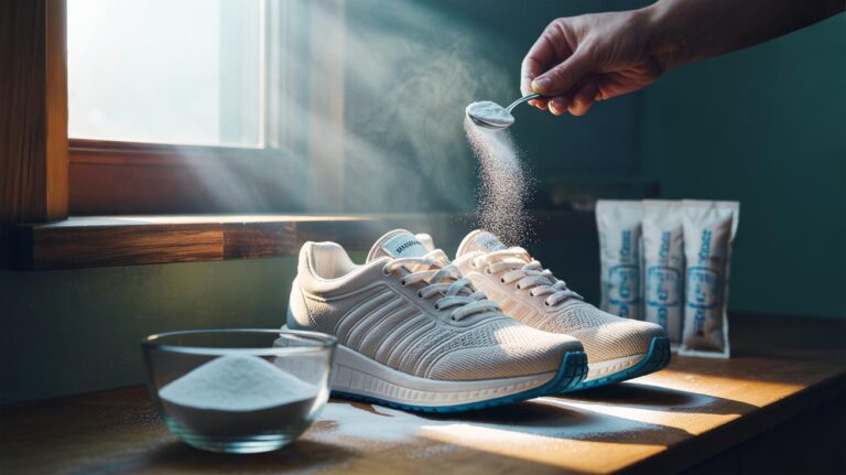 Illustration of baking soda being sprinkled inside trainers to neutralise shoe odour within hours
