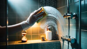 Illustration of applying baking soda paste to a shower glass screen to break down soap scum in three minutes