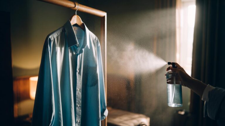 Illustration of a person using a fine-mist spray bottle to remove wrinkles from a hanging cotton shirt with water vapour