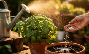 Illustration of using Epsom salt (magnesium sulfate) to promote basil leaf growth by supplying magnesium