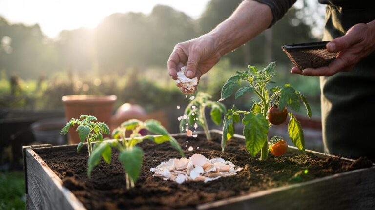 Illustration of crushed eggshells being buried around young seedlings to supply slow-release calcium and gently buffer soil pH