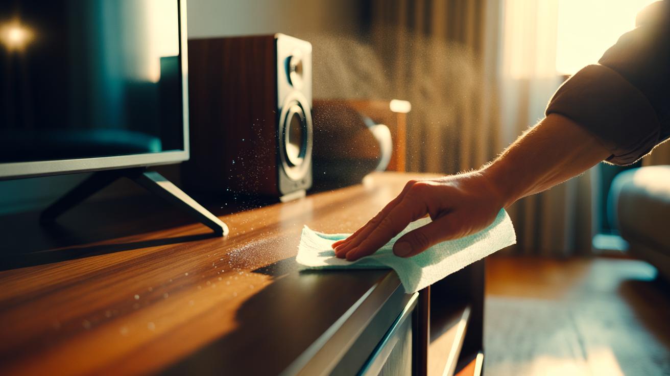 Illustration of a hand using a dryer sheet to wipe dust from a wooden shelf, reducing static buildup