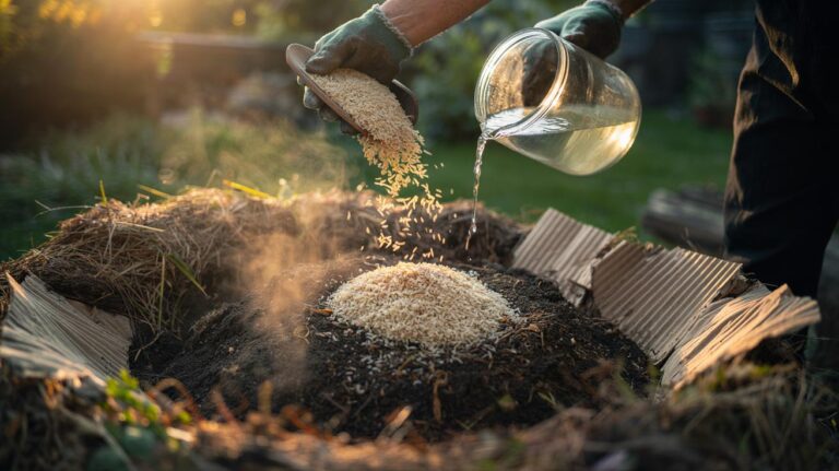 Illustration of rice and rice byproducts (cooked grains, rinse water, and bran) being added to a compost heap to boost microbial action