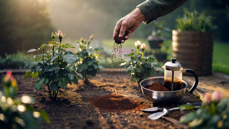 Illustration of used coffee grounds being applied to garden soil to nourish plants naturally