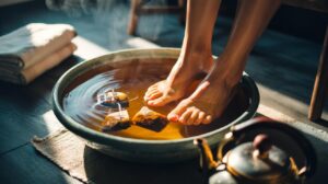 Illustration of bare feet soaking in a warm tea bag foot bath with tea bags steeping in a basin