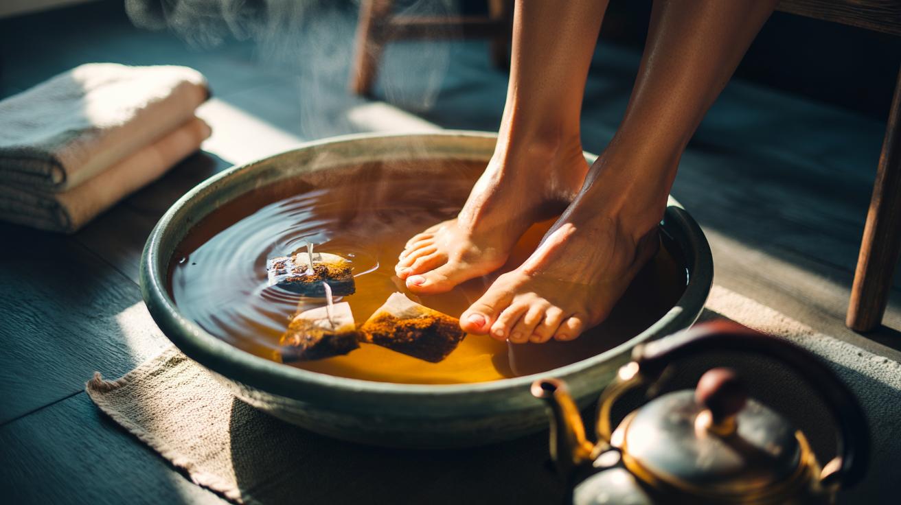 Illustration of bare feet soaking in a warm tea bag foot bath with tea bags steeping in a basin
