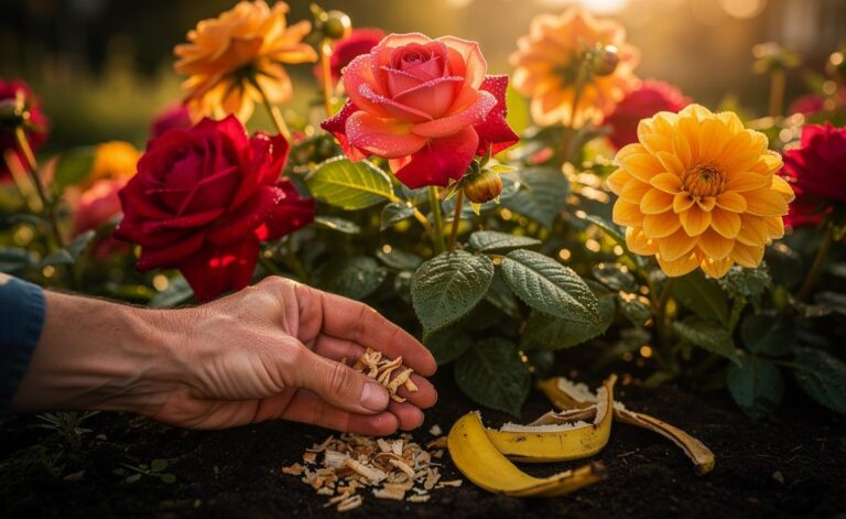 Illustration of [banana peels applied as natural fertilizer around blooming flowers in a garden]