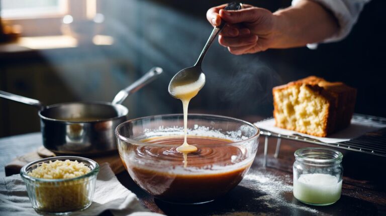 Illustration of adding rice gel, slurry, or starchy rinse water to cake batter to improve moisture and crumb texture