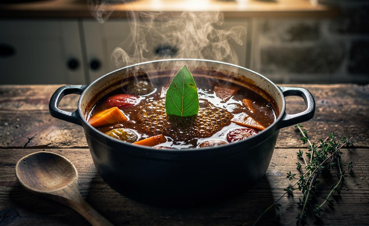 Illustration of a bay leaf infusing a simmering stew to enhance flavor and richness